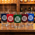 Five game day pint glasses with engraved baseballs customized for Smith family on a wooden surface.