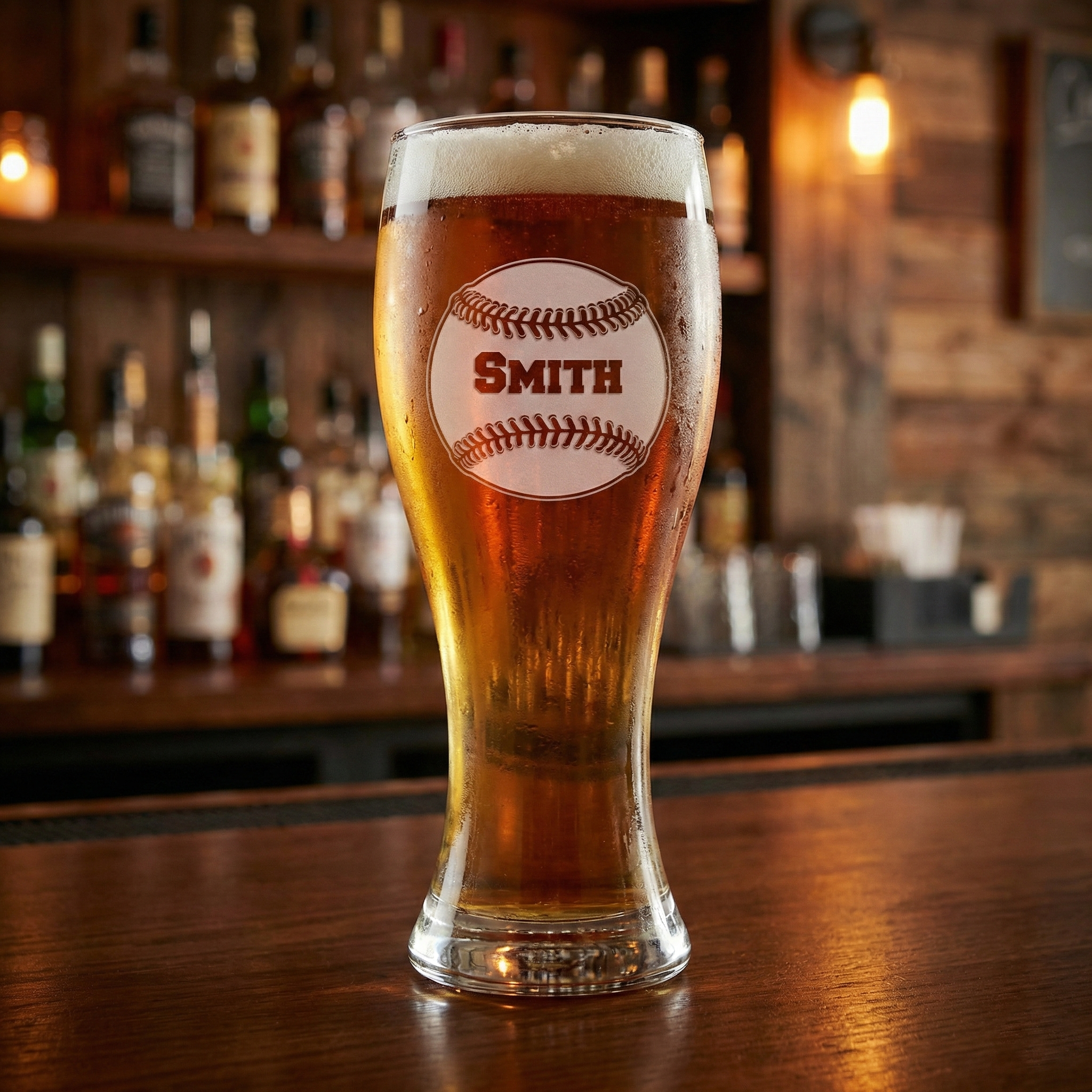 Personalized custom baseball pilsner glass of cold beer with 'Smith' engraved on a bar counter