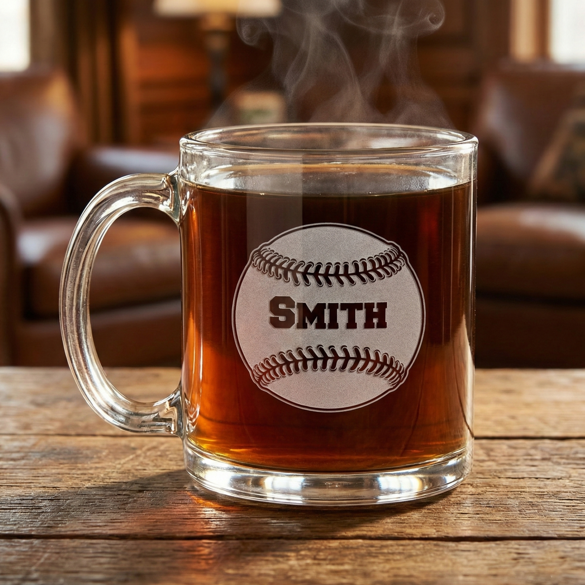 Clear glass mug with a custom engraved baseball on a wooden surface, with a blurred background of a cozy room.