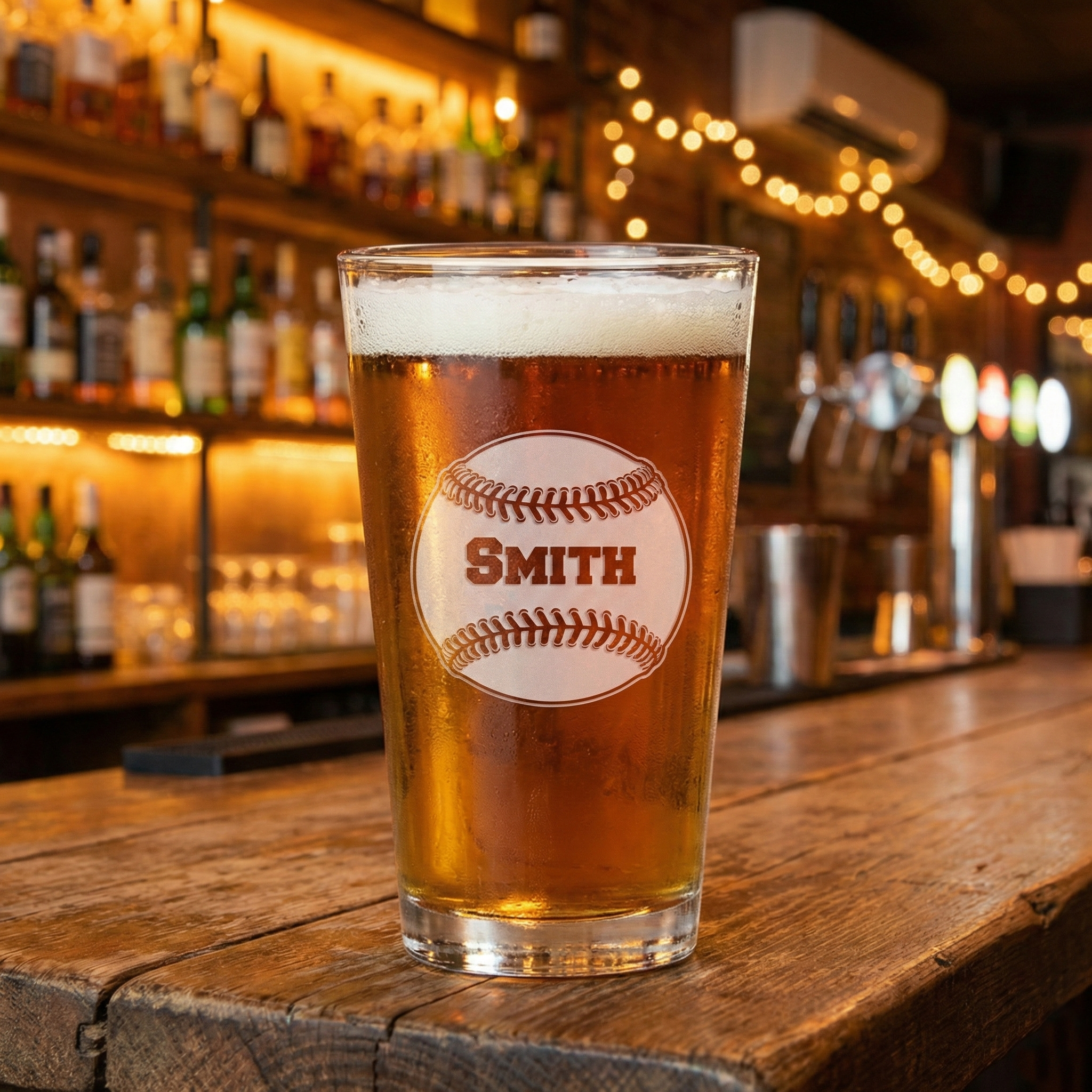 Custom baseball mixing pint glass of cold beer with a 'Smith' baseball etched on a bar counter