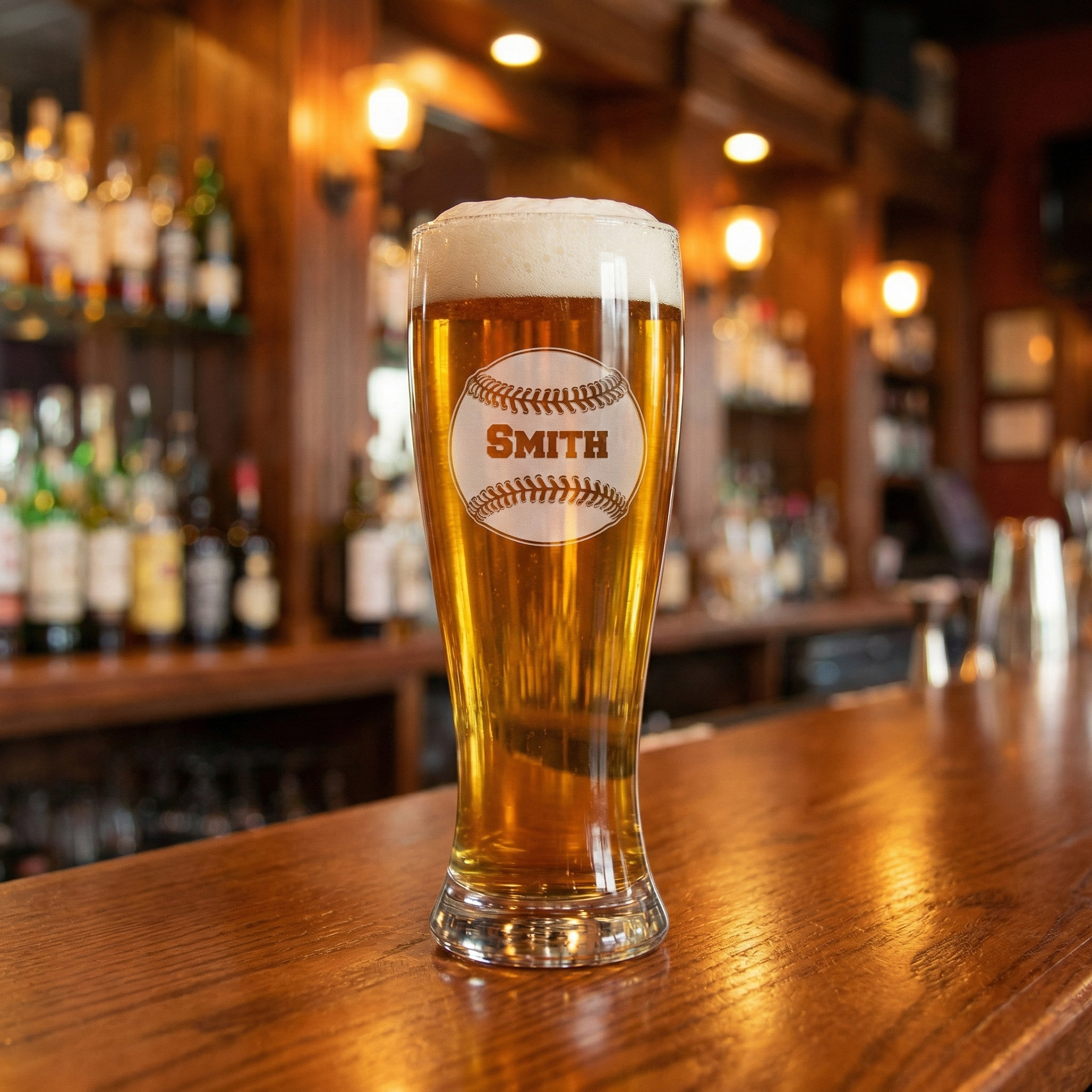 Tall custom baseball university pilsner glass of cold beer with a 'Smith' baseball etched on a bar counter