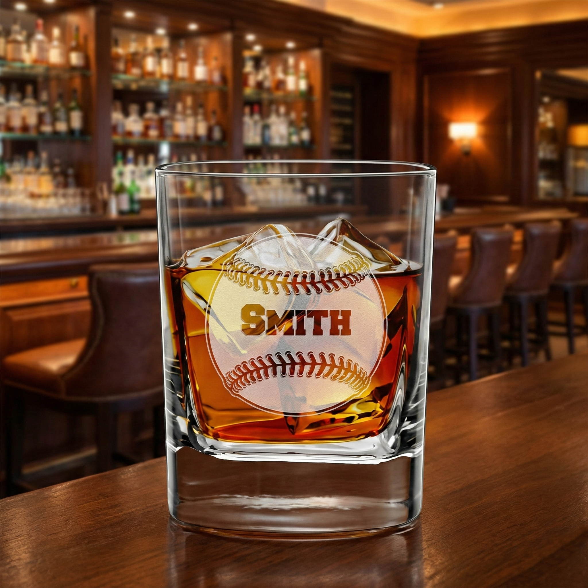 Baseball Double Old-Fashioned DOF glass of whiskey with a baseball design and 'Smith' engraving on a bar counter.
