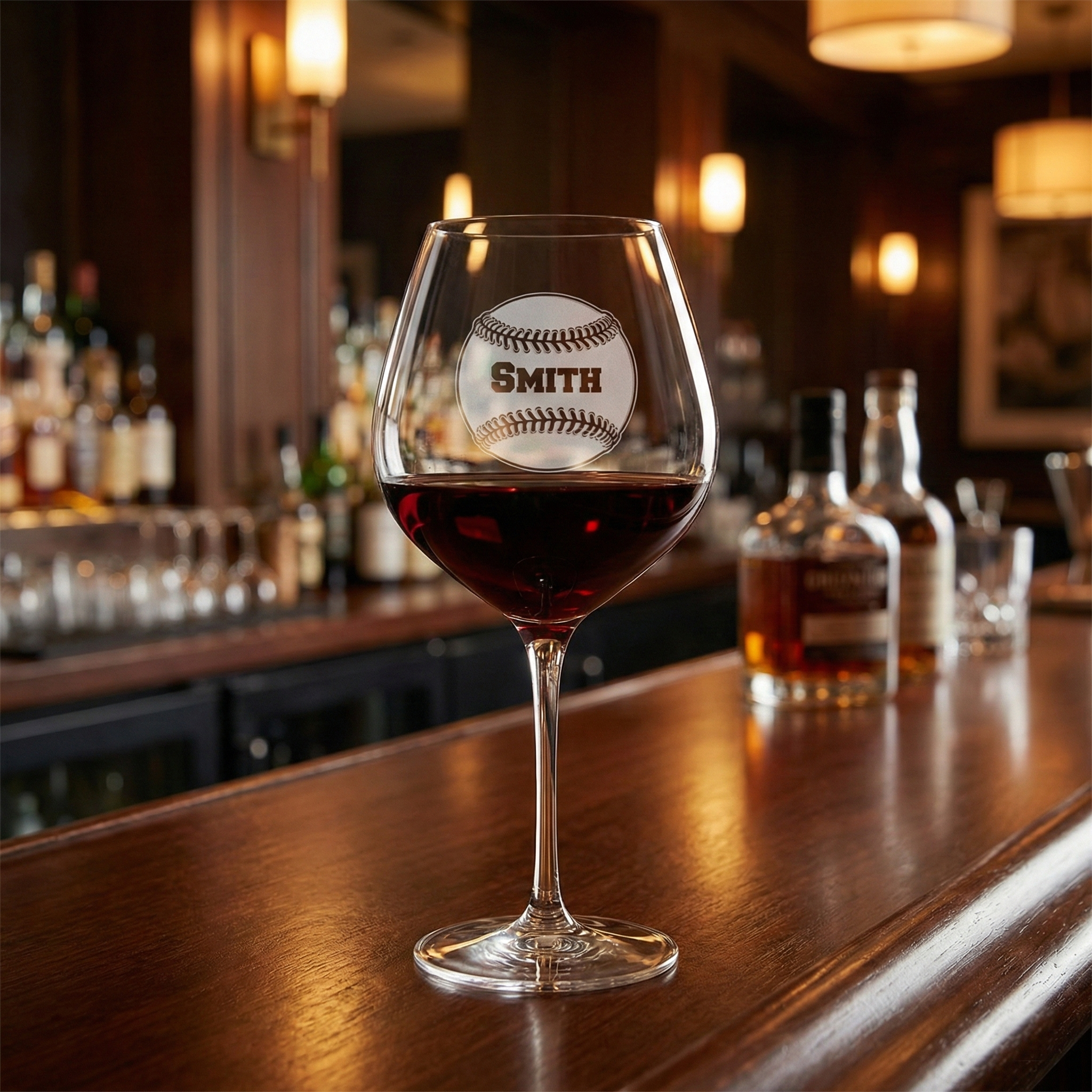 Engraved baseball wine glass with 'Smith' engraving on a bar counter with bottles in the background