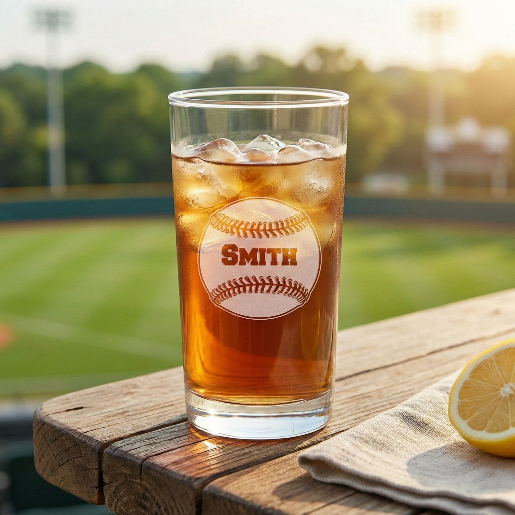 Custom baseball glass of iced tea on a wooden table at a baseball field.