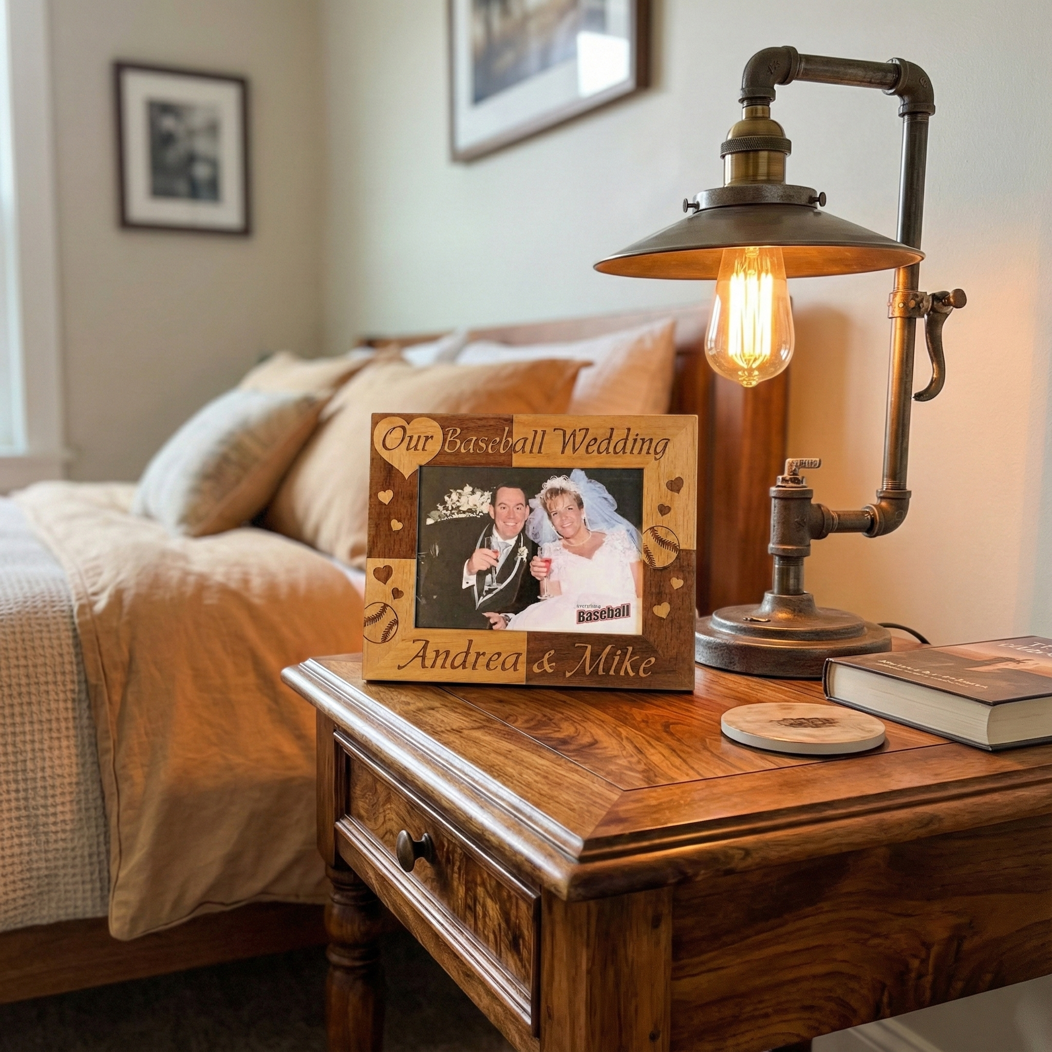 Wooden nightstand with lamp, our baseball wedding photo frame, and books in a bedroom setting