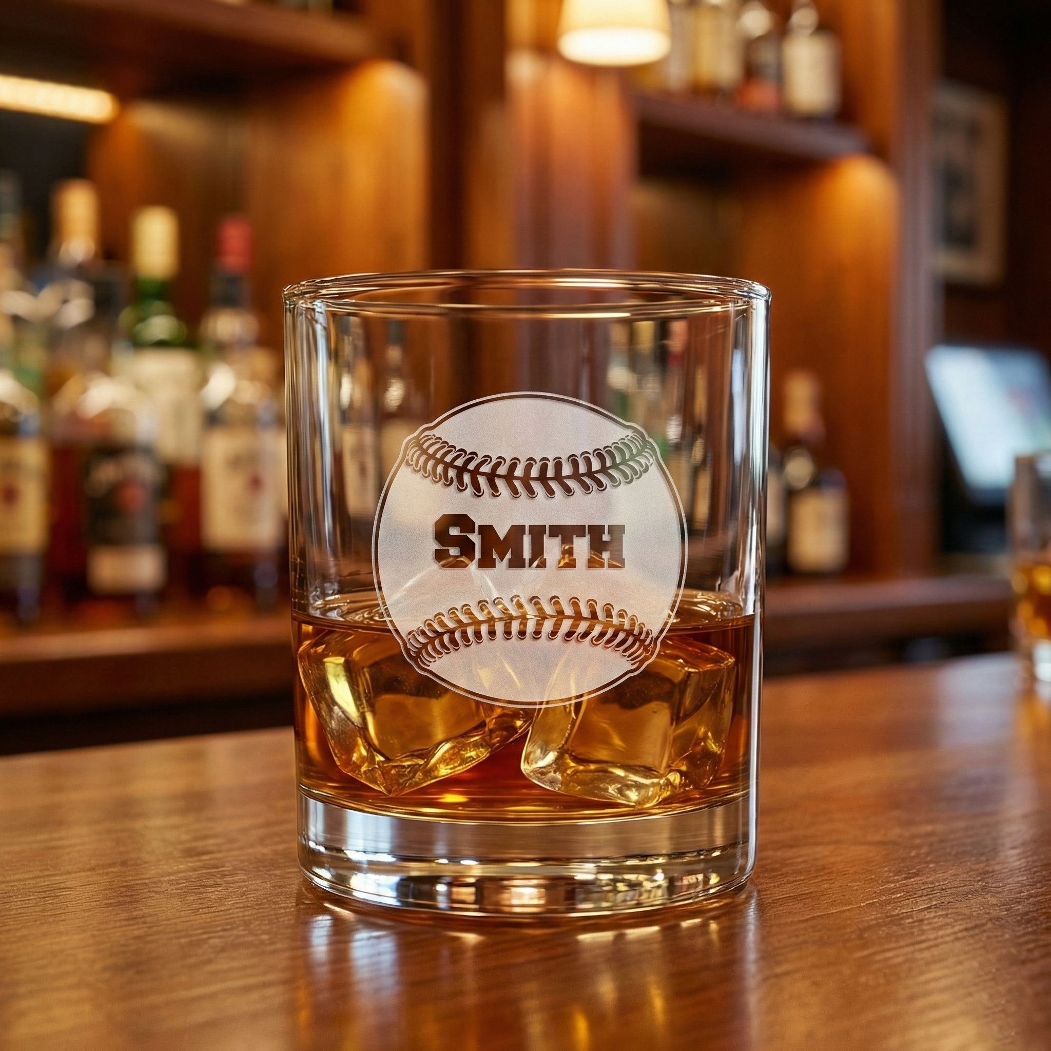 Custom baseball rocks DOF glass of whiskey with a baseball-themed engraving on a bar counter
