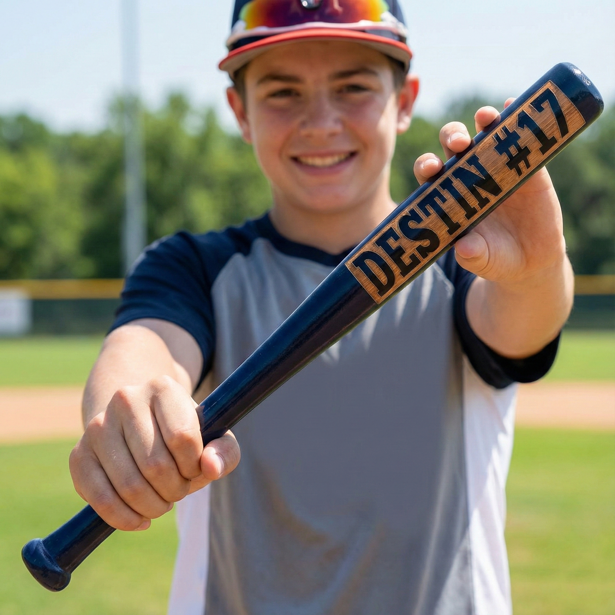 Young baseball player holding a mini bat engraved with 'DESTIN #17' on it, on a baseball field.