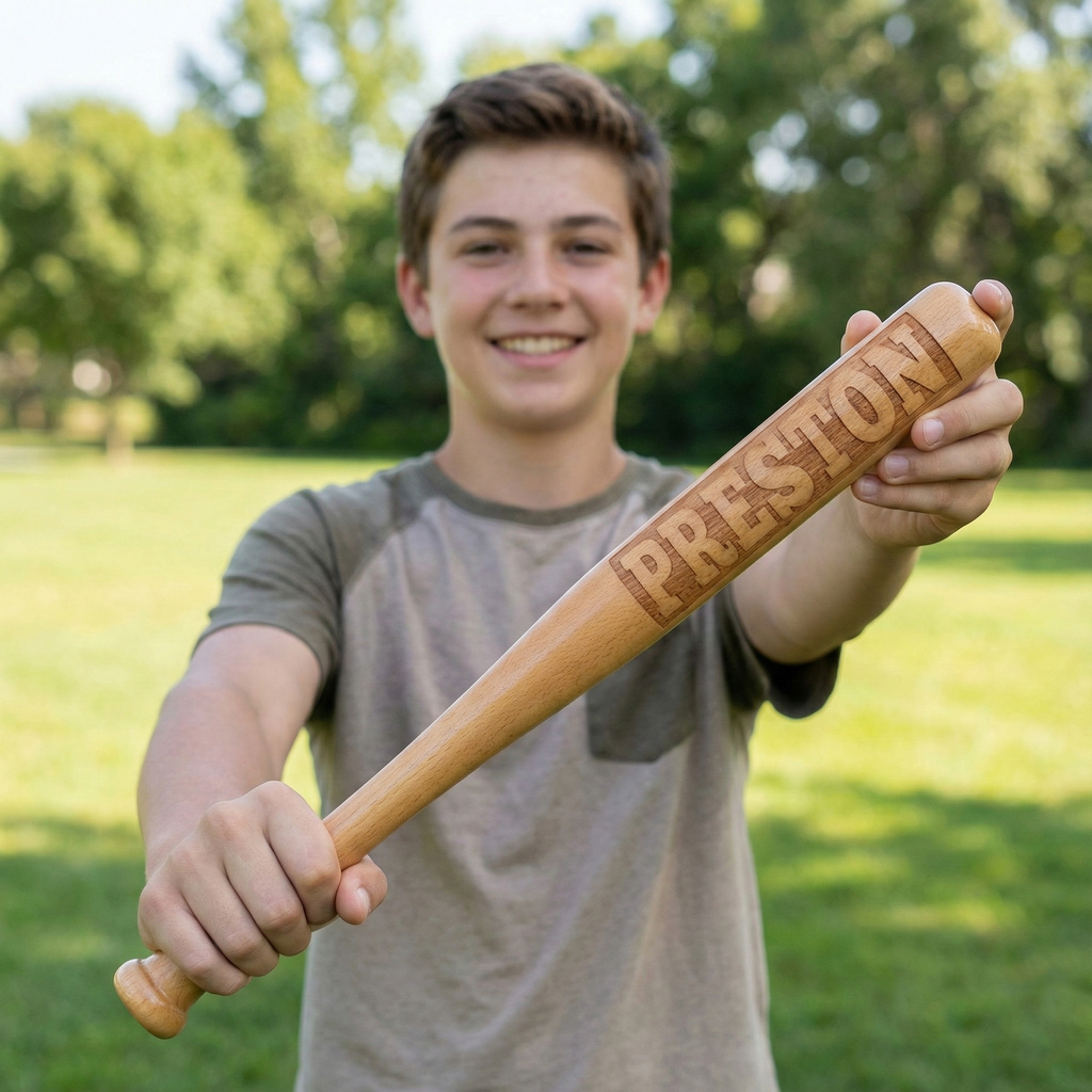Person holding a mini wooden baseball bat with 'PRESTON' engraved on it in an outdoor setting