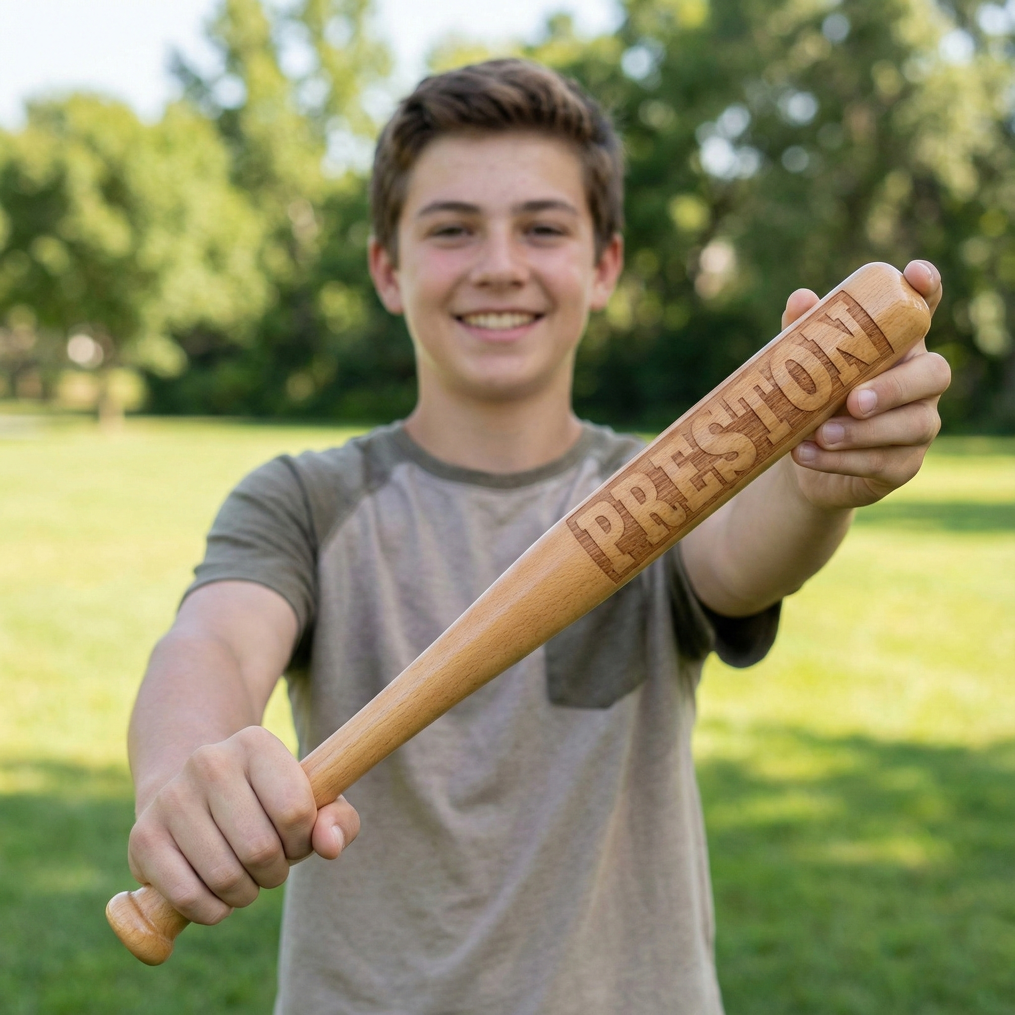 Person holding a mini wooden baseball bat with 'PRESTON' engraved on it in an outdoor setting