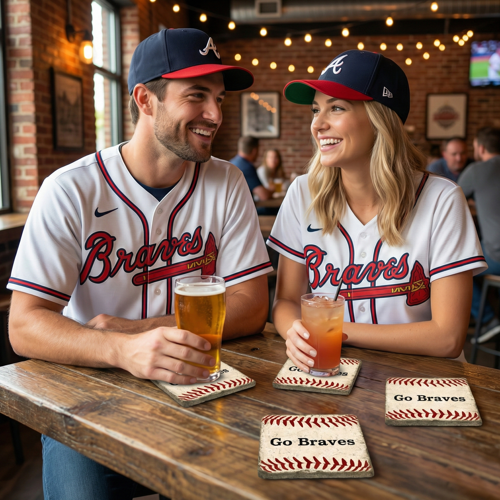 Personalized Baseball Stone Coasters that say Go Braves in front of two Braves fans at a bar