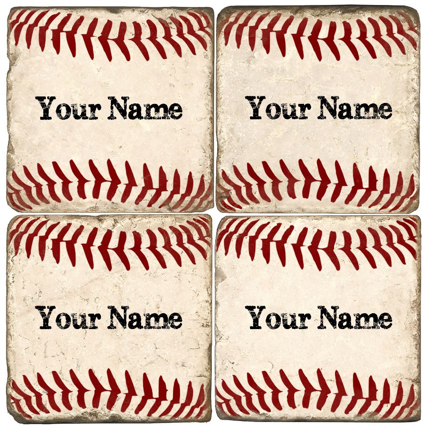 Personalized Baseball Stone Coasters that have Your Name distressed text