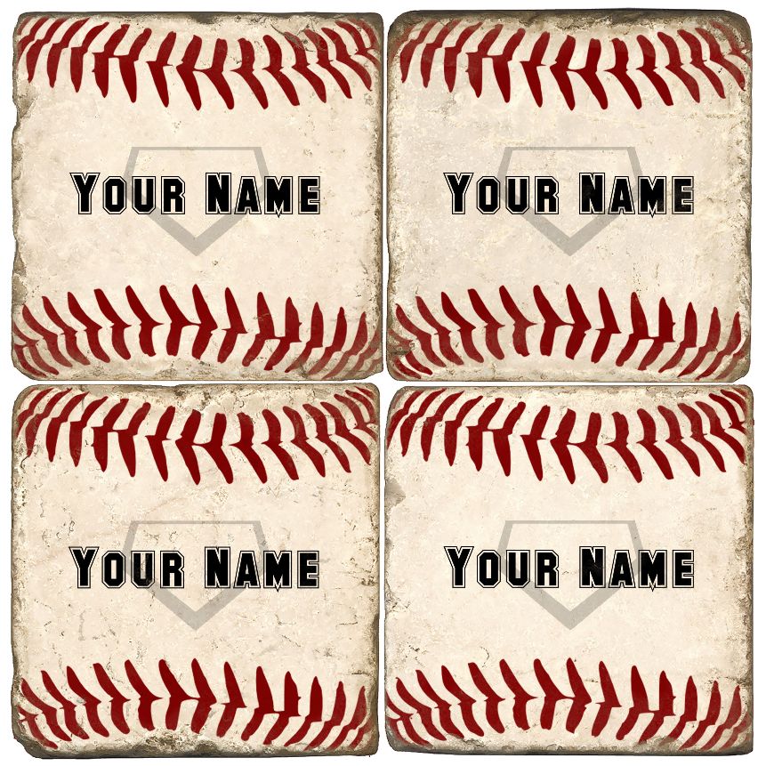 Personalized Baseball Stone Coasters that are custom with Your Name and an image of a home plate