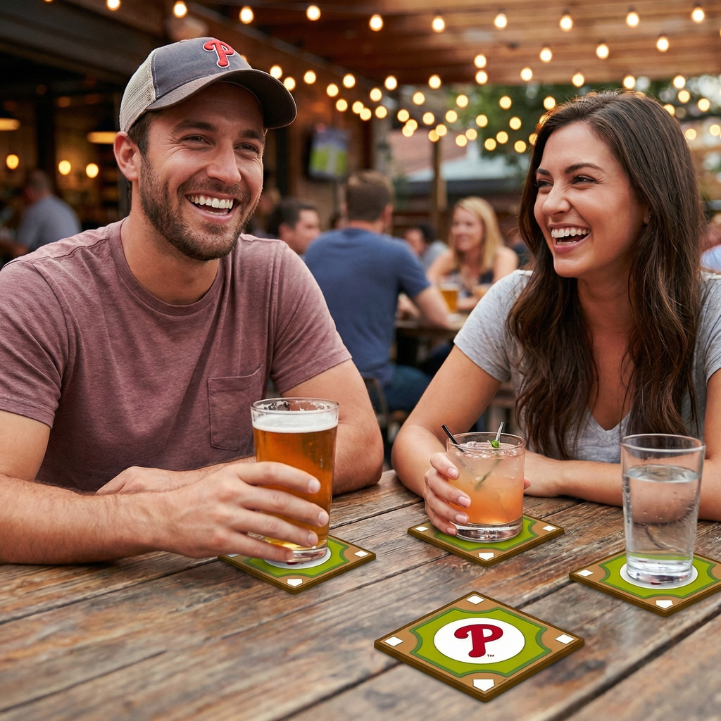 Man and woman sitting at a table with drinks and Phillies coasters in an outdoor setting