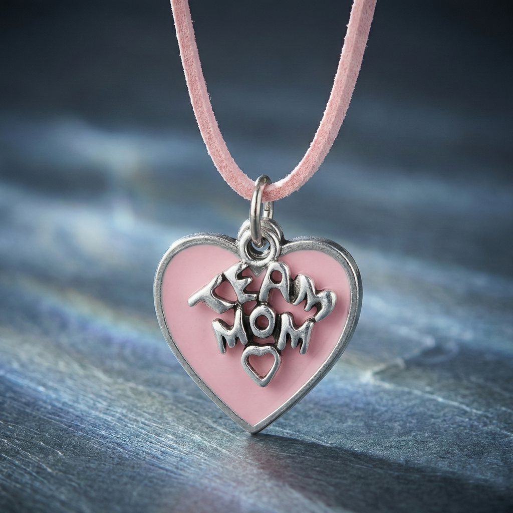 team mom pink heart necklace on cool background