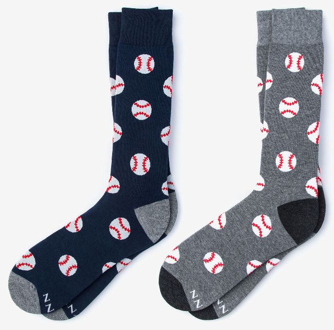 Two pairs of socks with baseball pattern on a white background