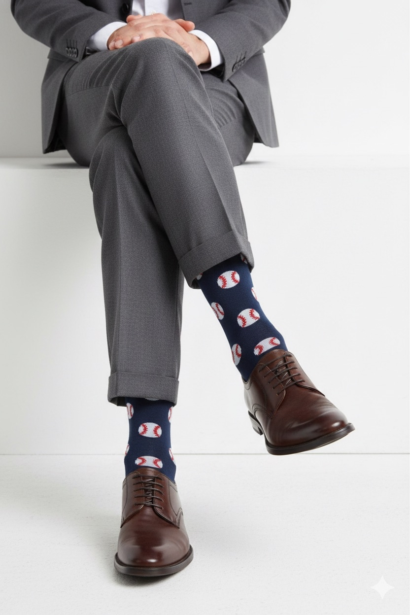 Person wearing a gray suit with patterned blue socks sitting on a white surface.