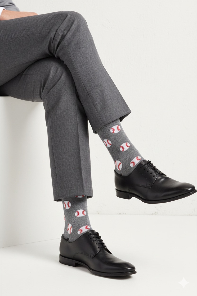 Person wearing gray dress pants and black shoes with patterned gray socks on a white background