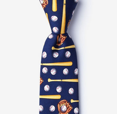 Navy blue tie with baseball and bat pattern on a white background
