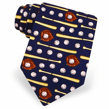 Navy tie with baseball-themed pattern including balls, bats, and gloves on a white background