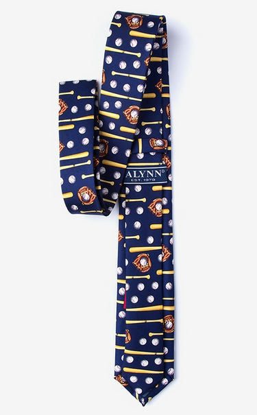 Navy tie with sports-themed pattern and 'Alynn' branding on a white background