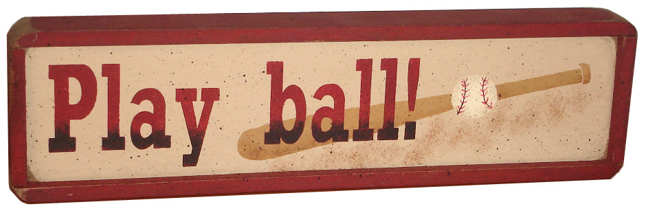 Decorative sign with 'Play ball!' text and a baseball bat illustration on a red border.