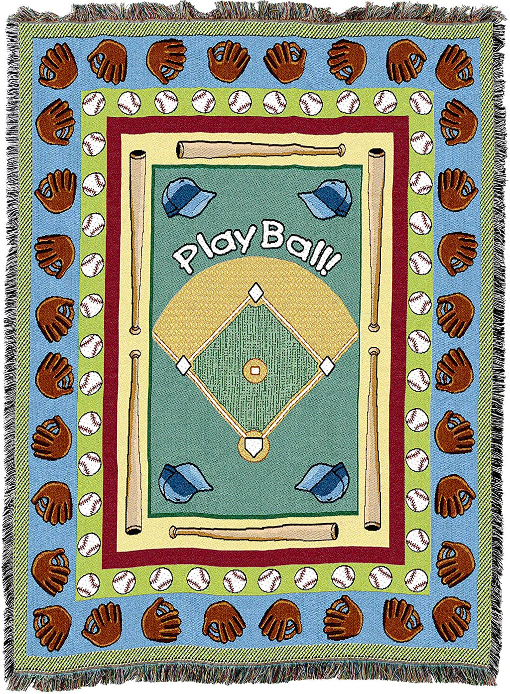 Children's tapestry throw blanket with baseball theme featuring a diamond, bats, and 'Play Ball!' text.