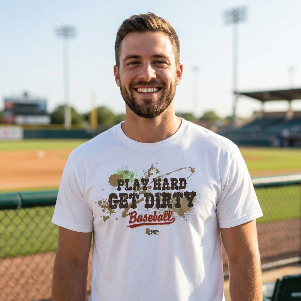 Man wearing a 'Play Hard, Get Dirty Baseball' t-shirt on a baseball field