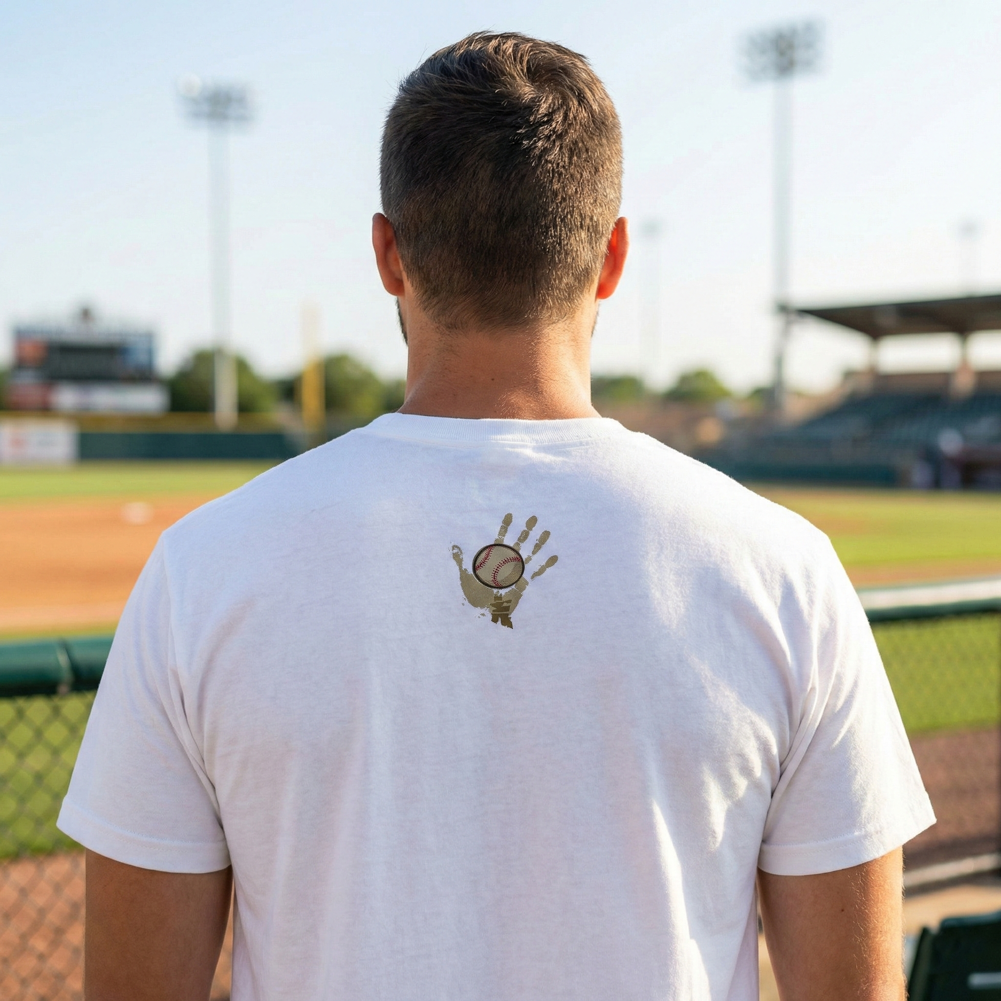 Person wearing a white t-shirt with a logo on the back, standing on a baseball field.