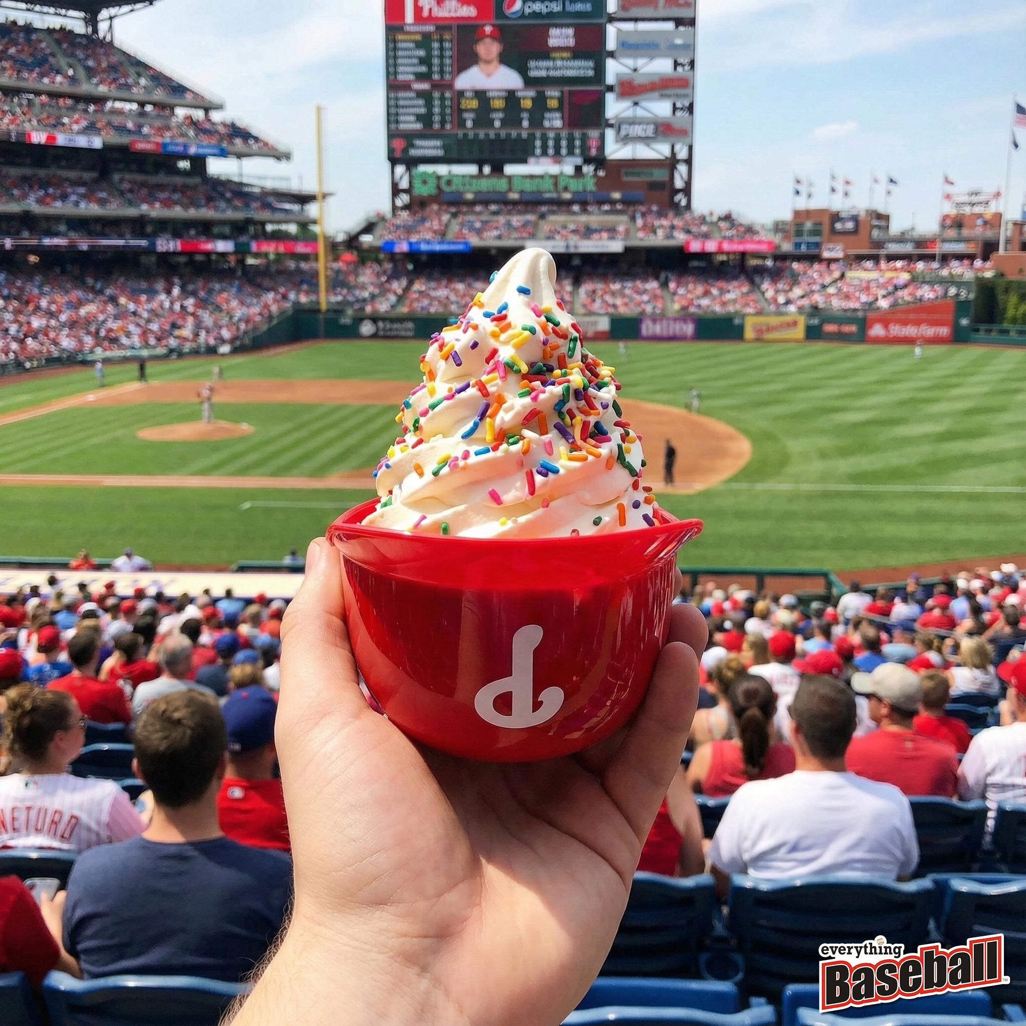 Philadelphia Phillies ice cream helmet sundae with colorful sprinkles held up at a baseball game, with a large screen and stadium in the background.