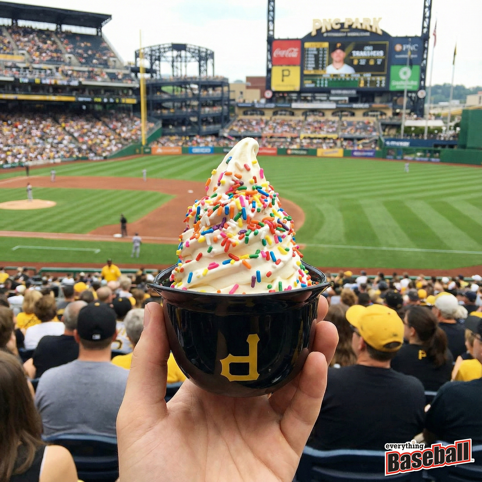Ice cream with colorful sprinkles held up in front of a Pittsburgh Pirates baseball stadium.