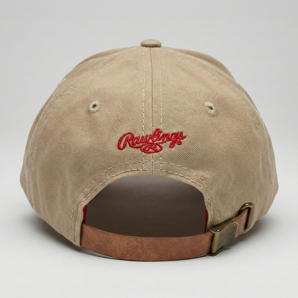 Beige baseball cap with red 'Rawlings' logo on a light gray background