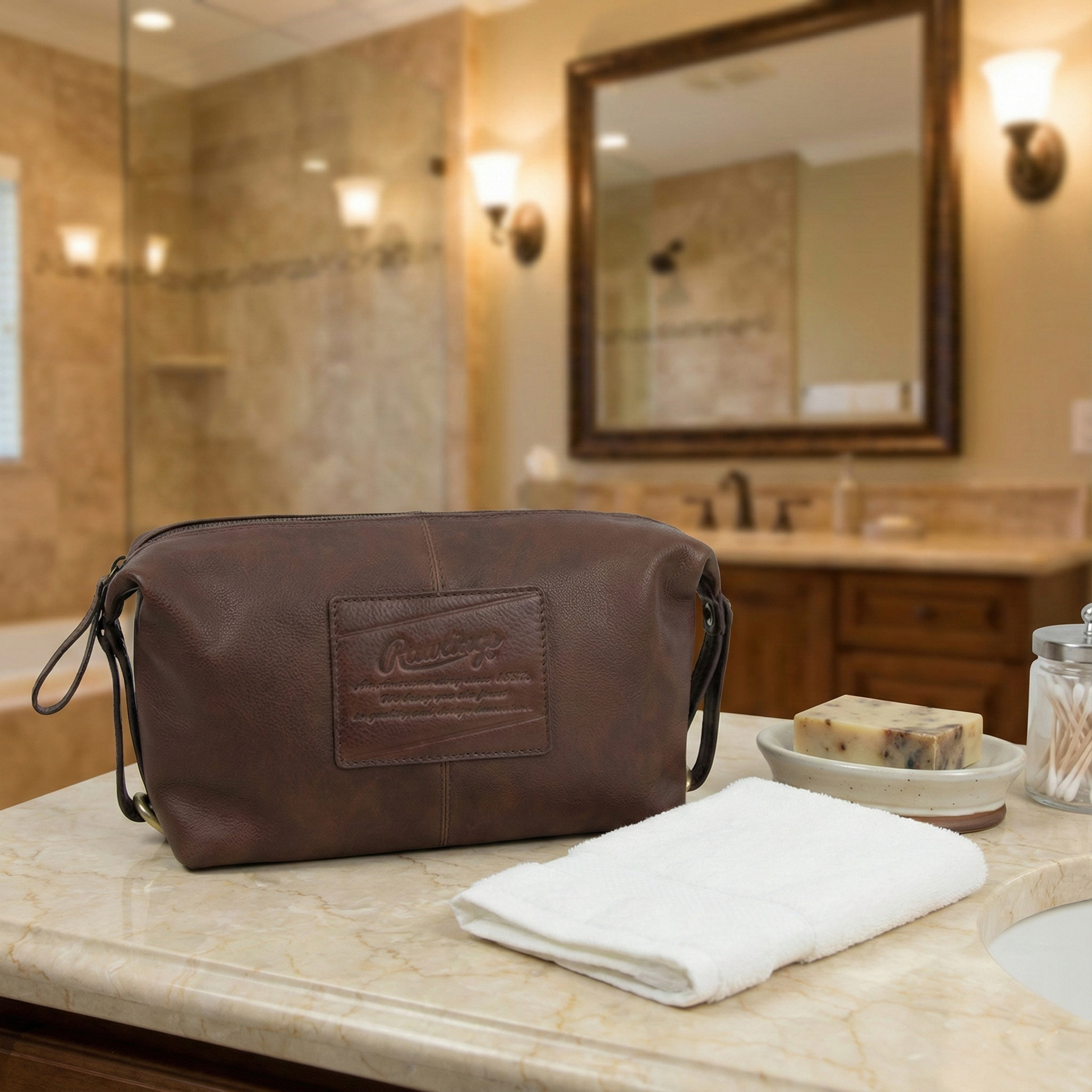 Brown rugged leather toiletry bag by Rawlings on a bathroom counter with a towel and soap.