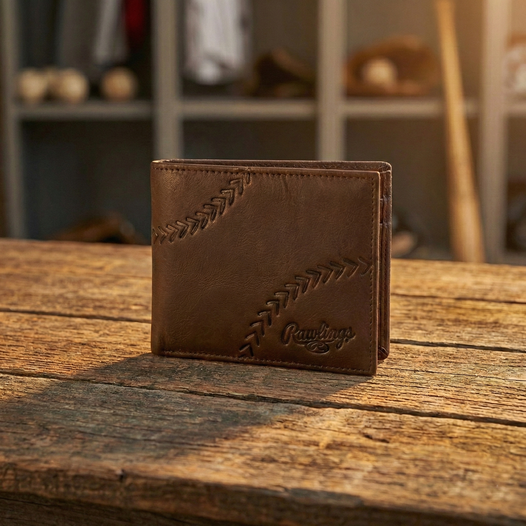 Brown baseball glove leather wallet with 'Rawlings' branding on a wooden surface