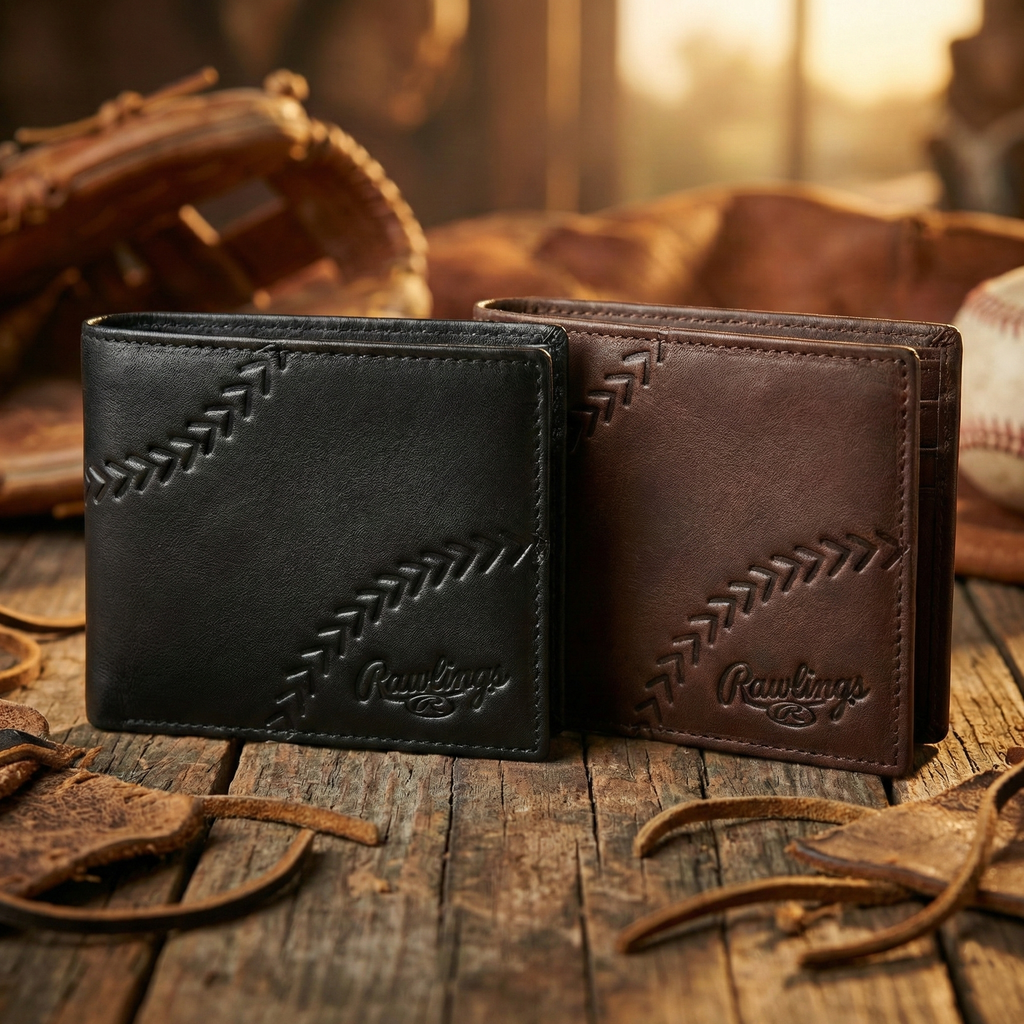Two leather Rawlings baseball wallets, one black and one brown, on a wooden surface with baseball equipment.