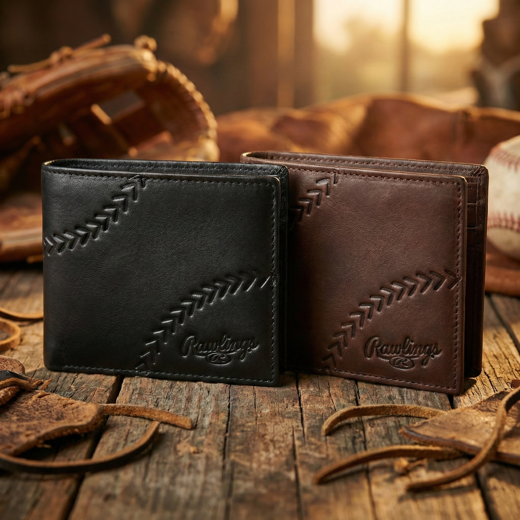Two leather Rawlings baseball wallets, one black and one brown, on a wooden surface with baseball equipment.
