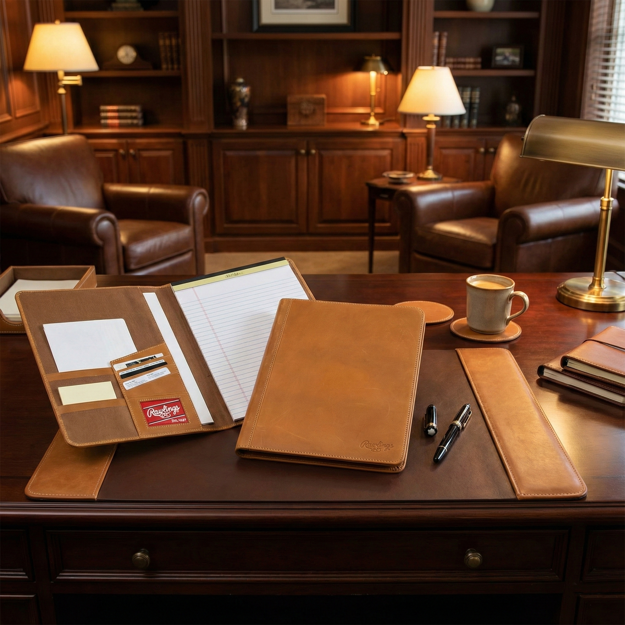 Wooden desk with Rawlings Heart of the Hide Premium Tan Leather Portfolio, pen, and other items in a home office setting.