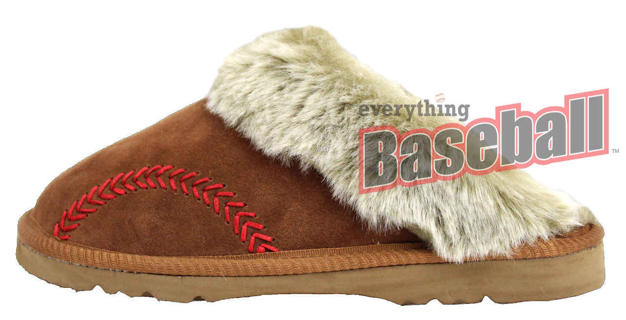 Brown Rawlings slipper with fur trim on a white background, featuring Everything Baseball branding.