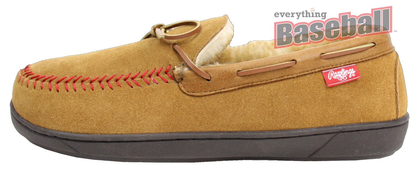 Tan Rawlings slipper with red stitching on a white background, featuring Everything Baseball branding.
