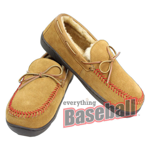 Tan moccasin Rawlings slippers with red stitching on a white background, featuring Everything Baseball logo.