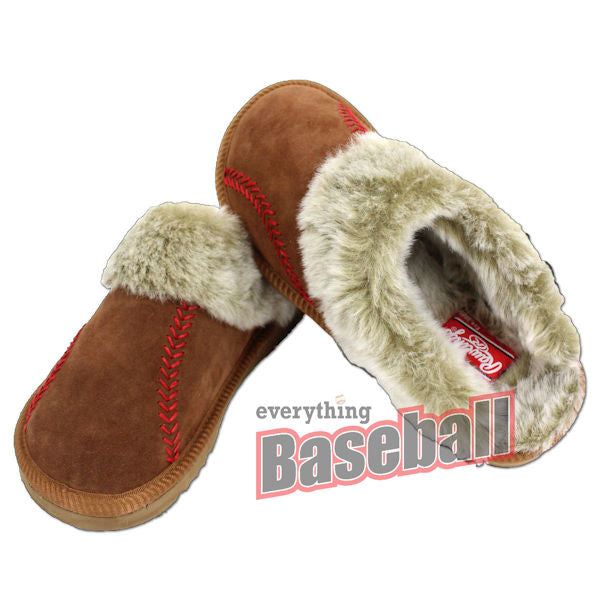 Brown Rawlings baseball slippers with fur lining on a white background, featuring Everything Baseball logo.