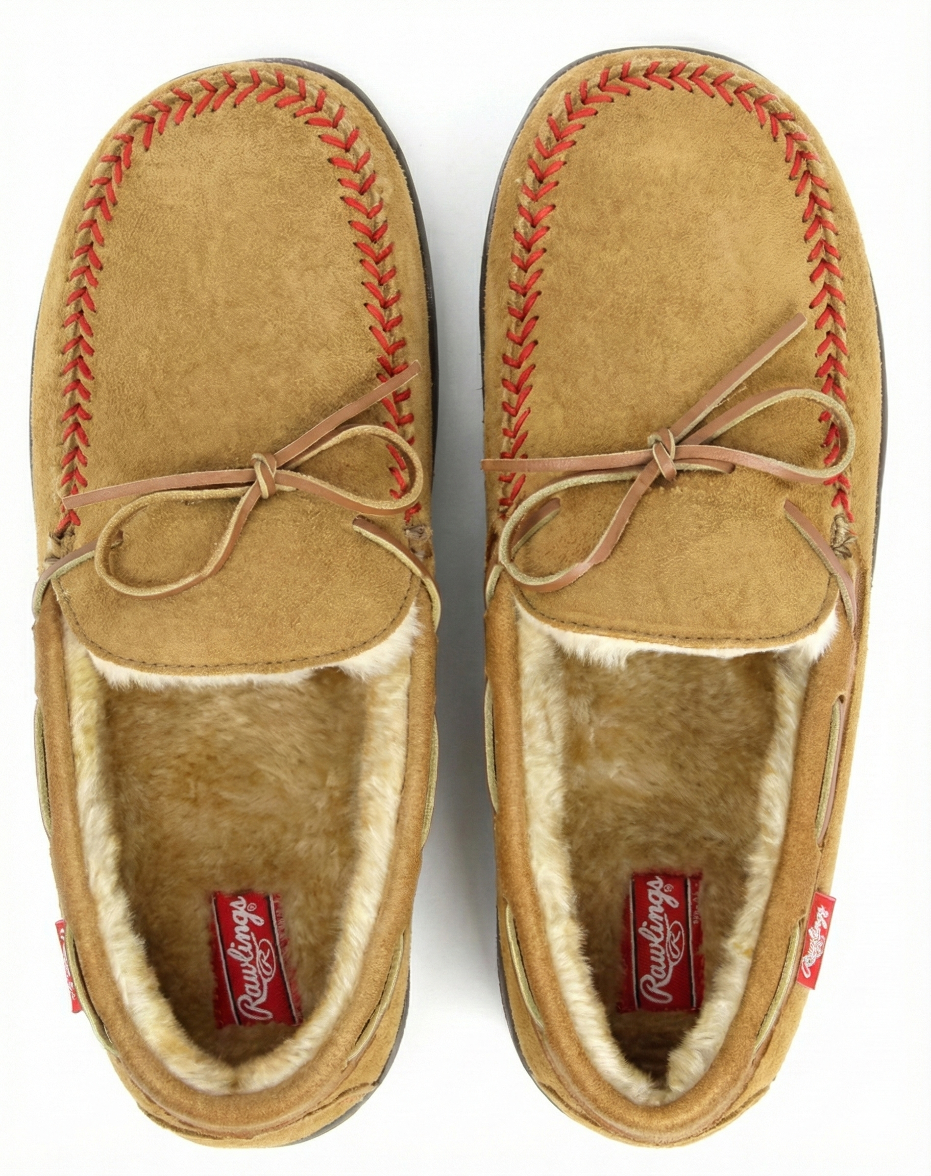 Pair of Rawlings tan moccasin slippers with red baseball stitching on a white background
