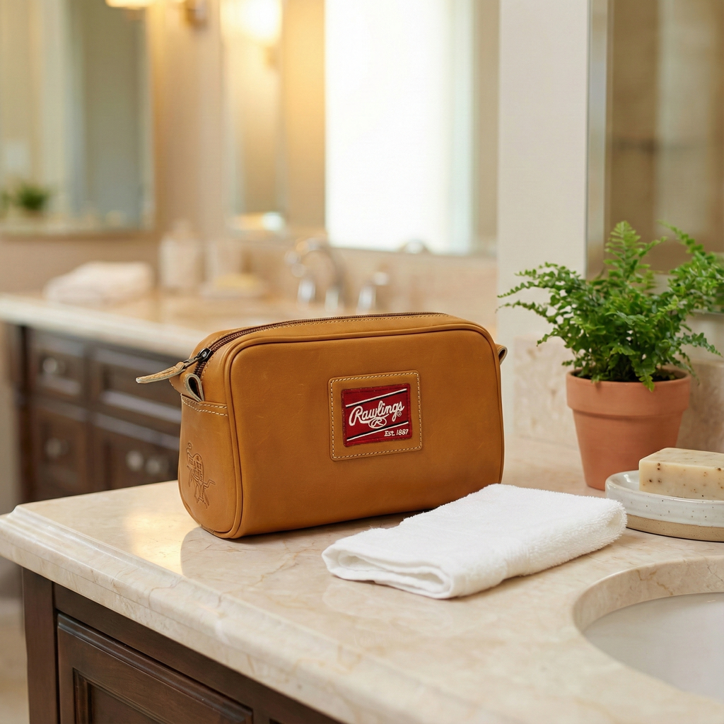 Rawlings Heart of the Hide Leather travel kit toiletry bag with a brand logo on a bathroom counter.