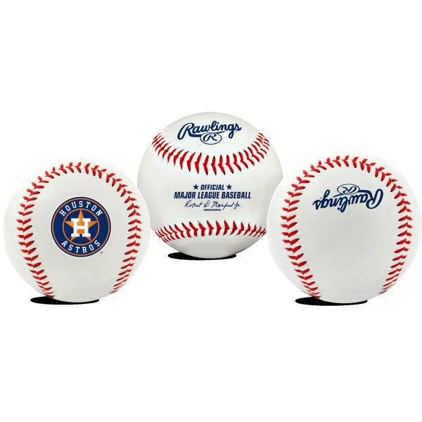 Baseball with Rawlings logo and Houston Astros branding on a white background