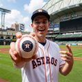 Houston Astros fan holding a souvenir baseball at a stadium