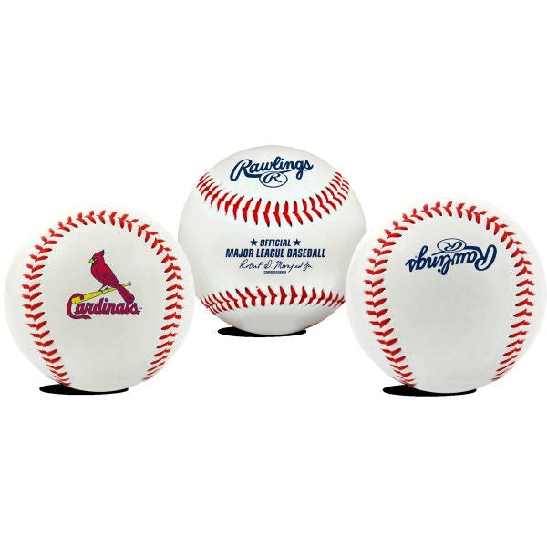 Souvenir baseball with Rawlings logo and St. Louis Cardinals emblem on a white background