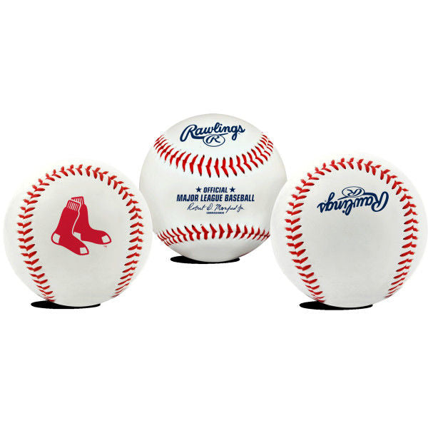 Baseball with Rawlings logo and Boston Red Sox logo on a white background