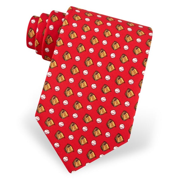 Red tie with baseball glove and ball pattern on a white background