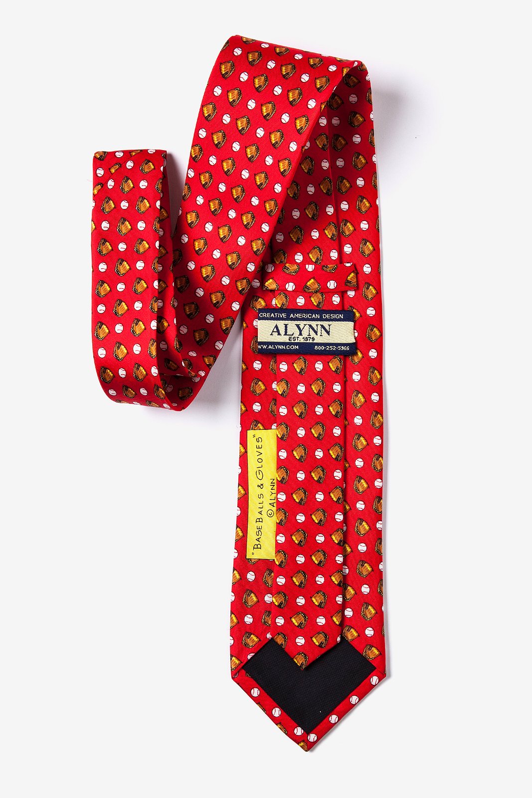Red tie with pattern and 'Alynn' label on a white background