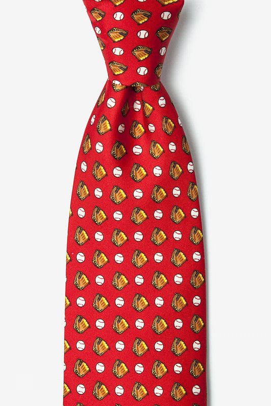 Red tie with baseball and glove pattern on a white background