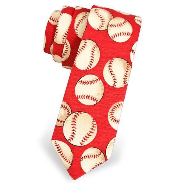 Red tie with baseball pattern on a white background